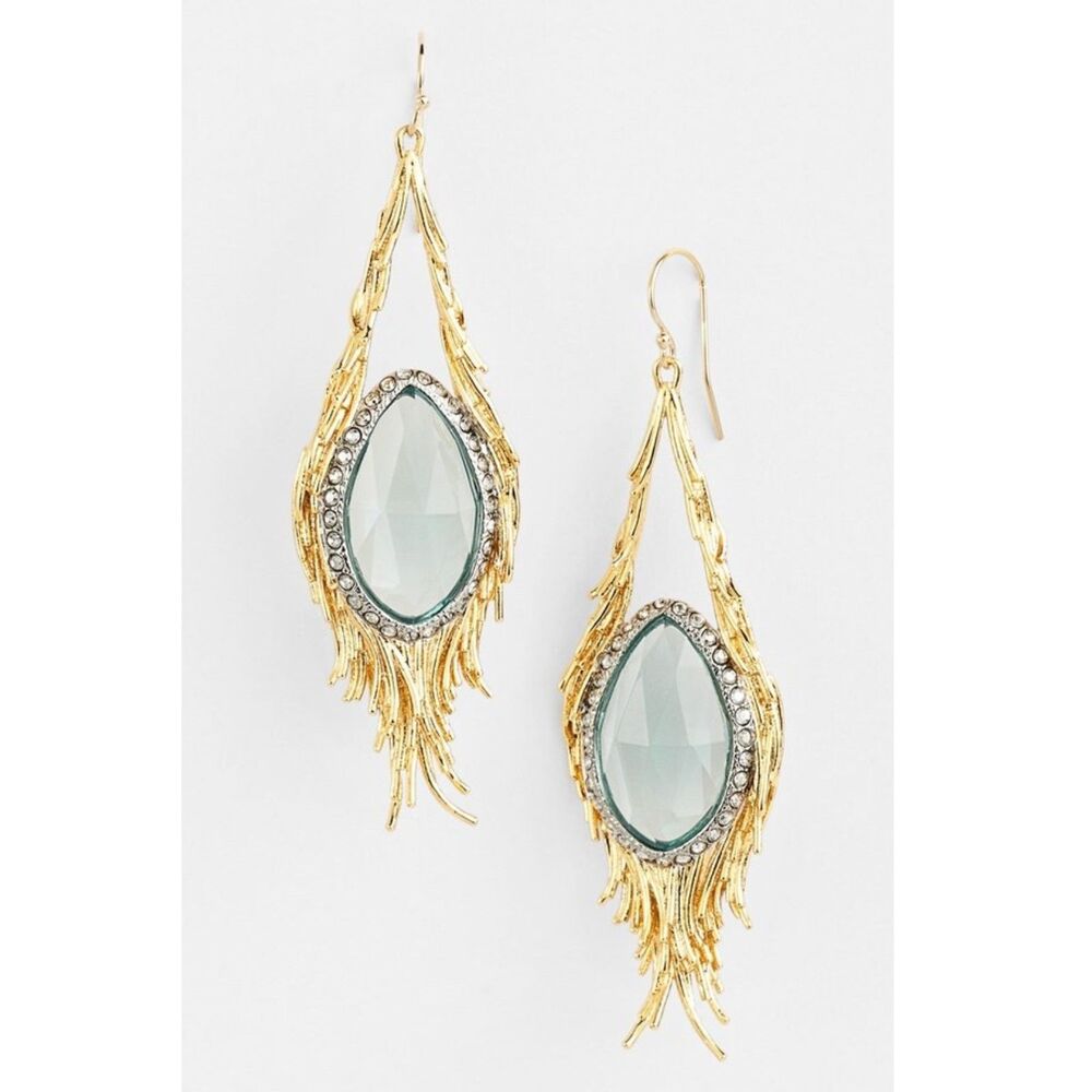 Pierced Earrings blue crystals feathers look like Alexis Bittar